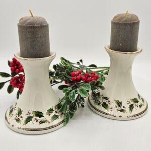 Vintage 1988 Royal Limited Holly Holiday Porcelain Candlestick Holders Set of 2